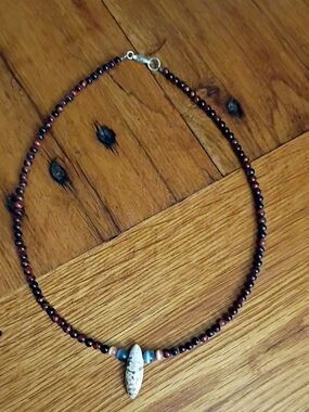 Handmade Brown Stone Beaded Necklace with White Stone Pendant